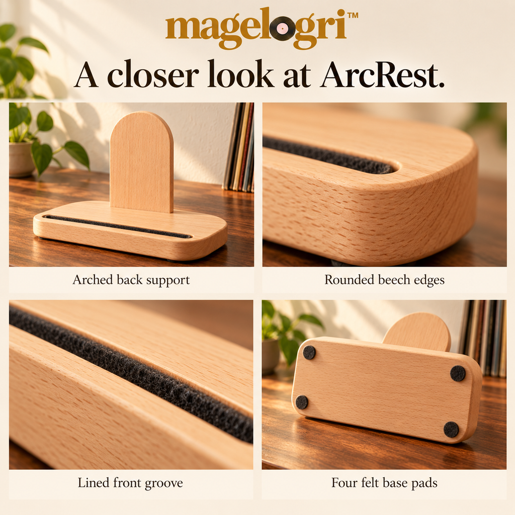 magelogri™ ArcRest Wooden Now Playing Vinyl Record Stand, Tabletop LP Album Cover Holder