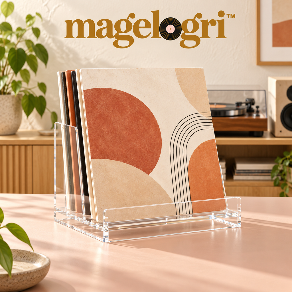 magelogri™ ClearStage Acrylic Now Playing Record Stand, LP Cover Display with Rear Album Storage