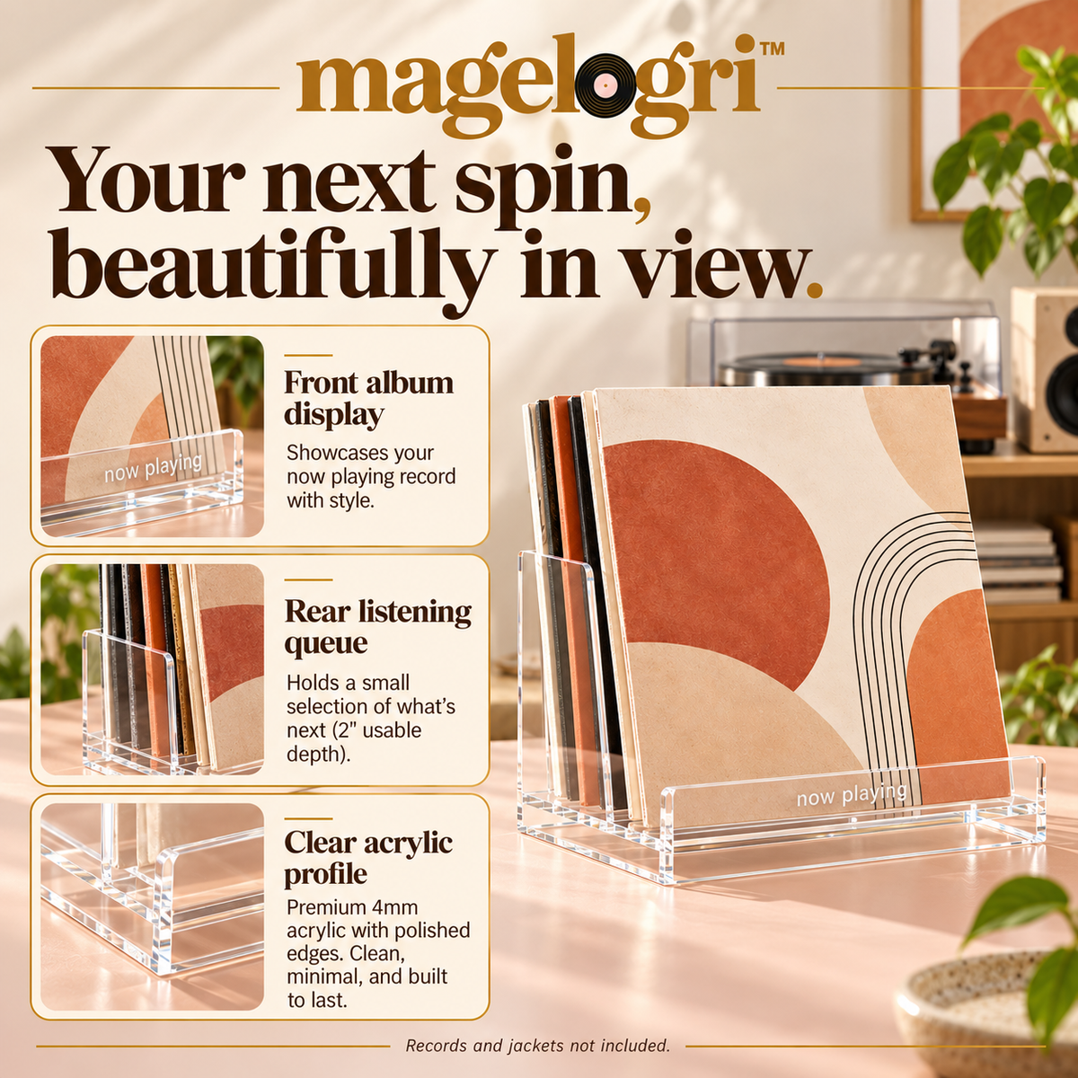 magelogri™ ClearStage Acrylic Now Playing Record Stand, LP Cover Display with Rear Album Storage