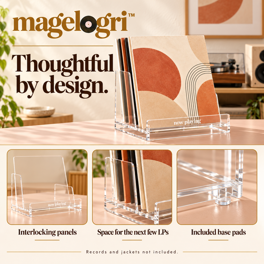 magelogri™ ClearStage Acrylic Now Playing Record Stand, LP Cover Display with Rear Album Storage