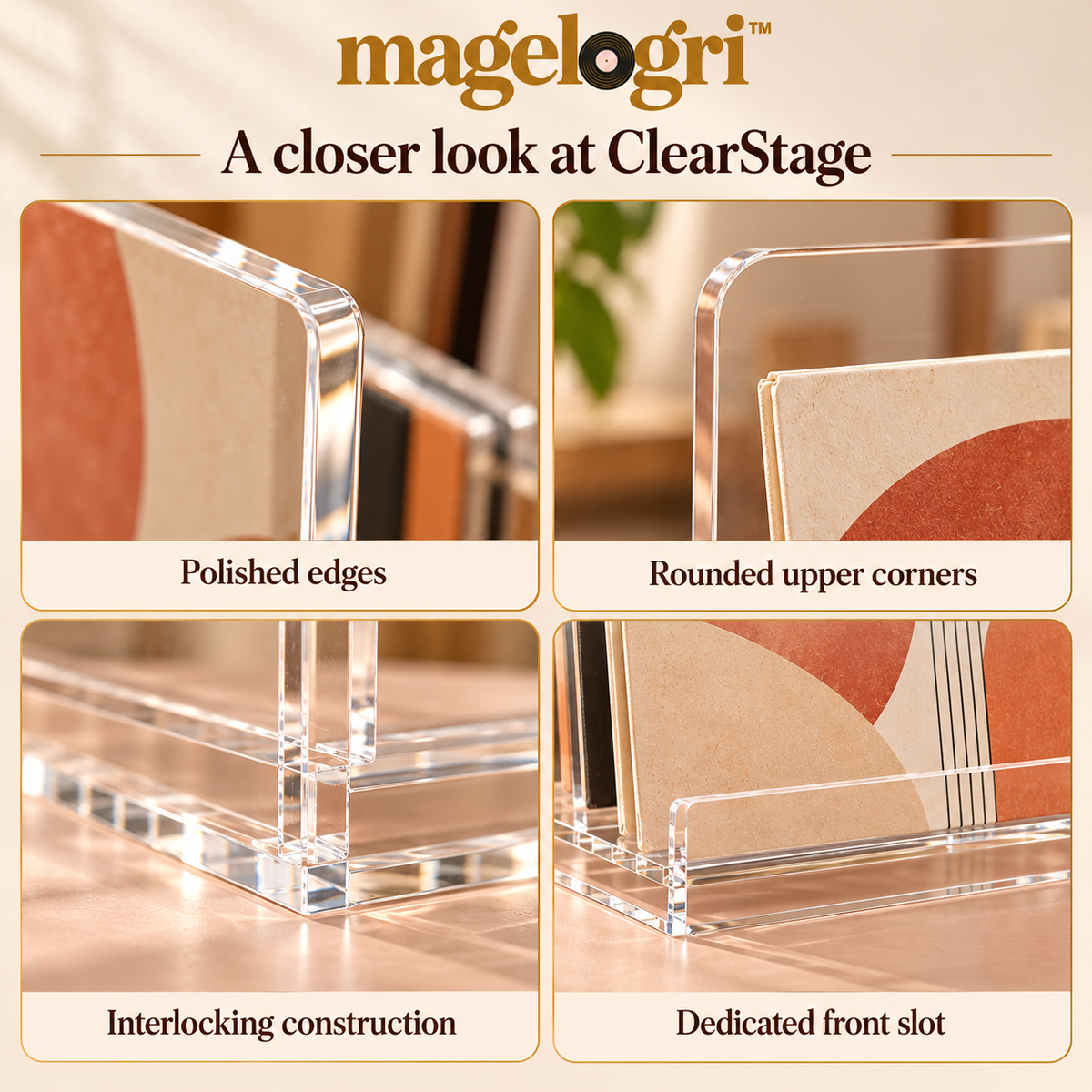 magelogri™ ClearStage Acrylic Now Playing Record Stand, LP Cover Display with Rear Album Storage