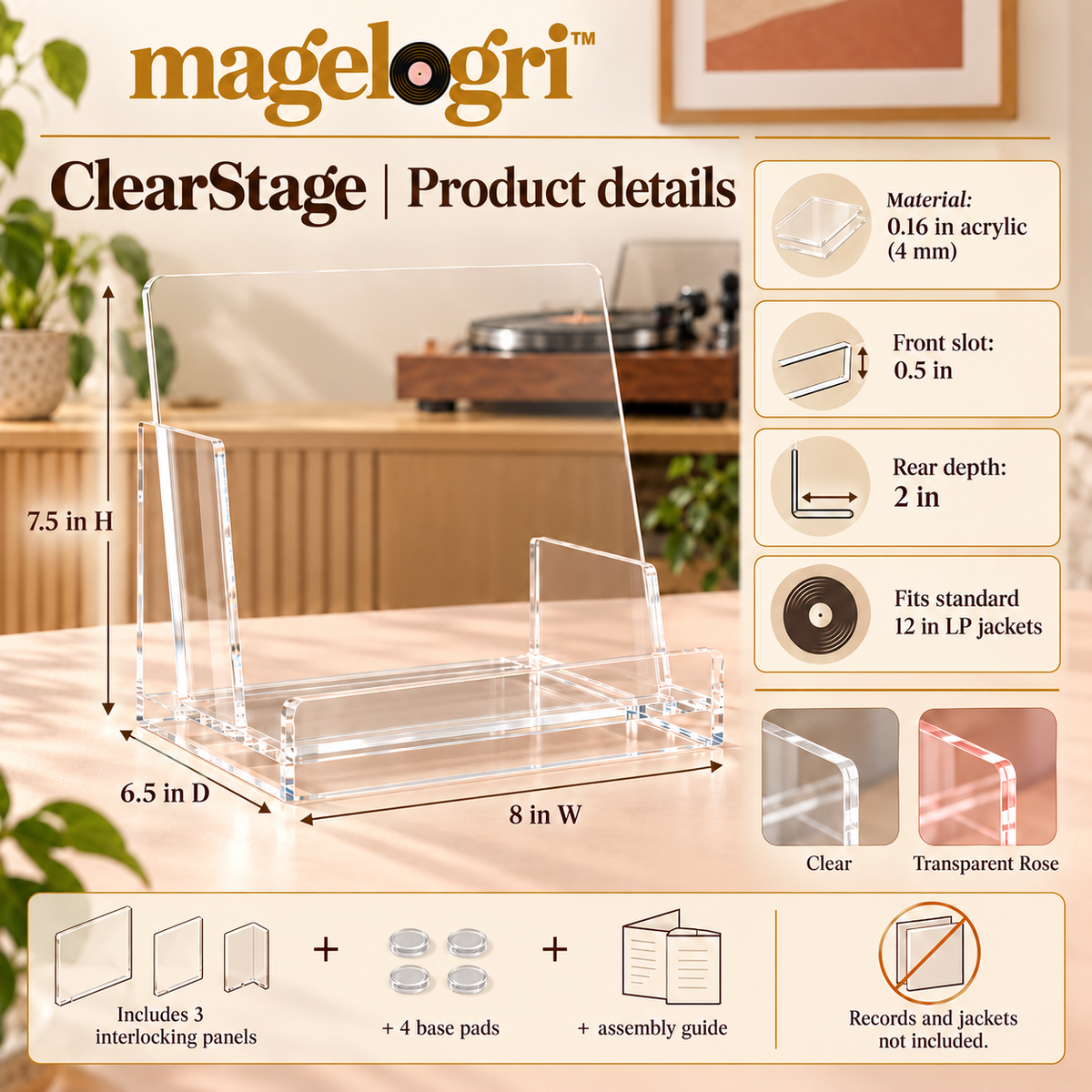 magelogri™ ClearStage Acrylic Now Playing Record Stand, LP Cover Display with Rear Album Storage