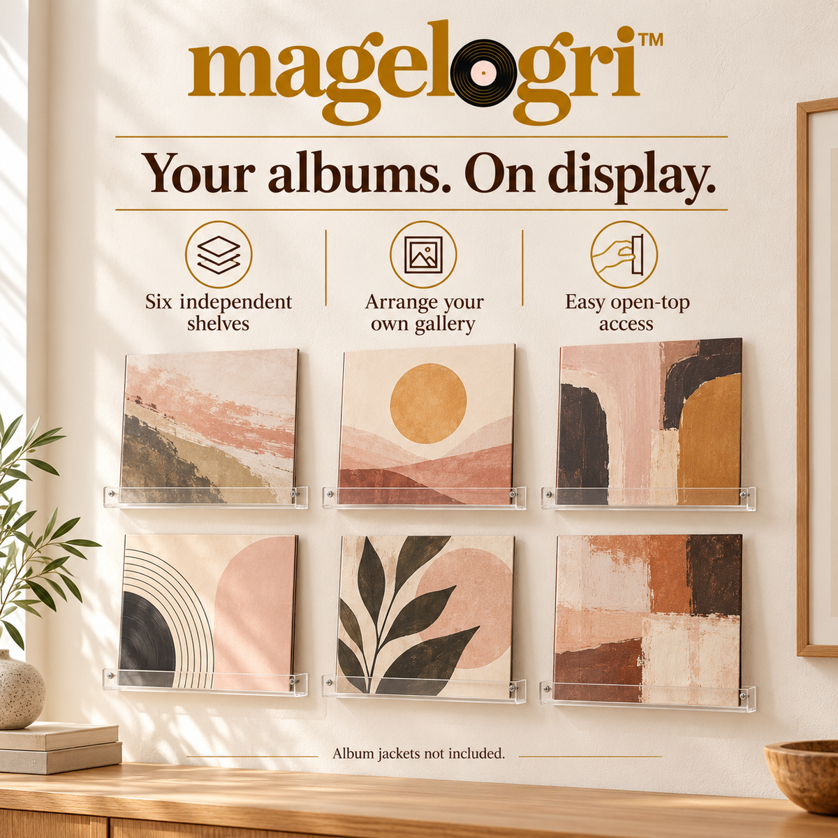 magelogri™ ClearLedge Vinyl Record Wall Shelves, Acrylic LP Album Cover Display, Set of 6