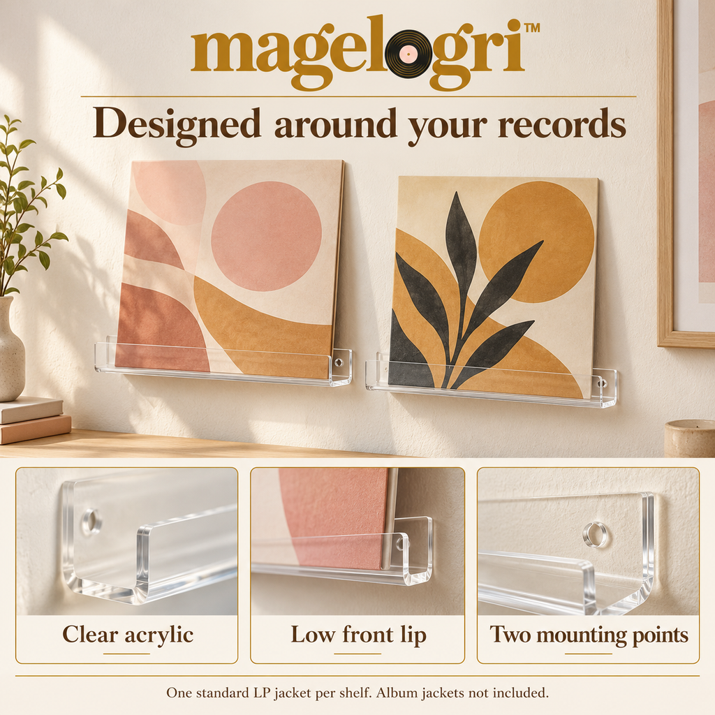 magelogri™ ClearLedge Vinyl Record Wall Shelves, Acrylic LP Album Cover Display, Set of 6