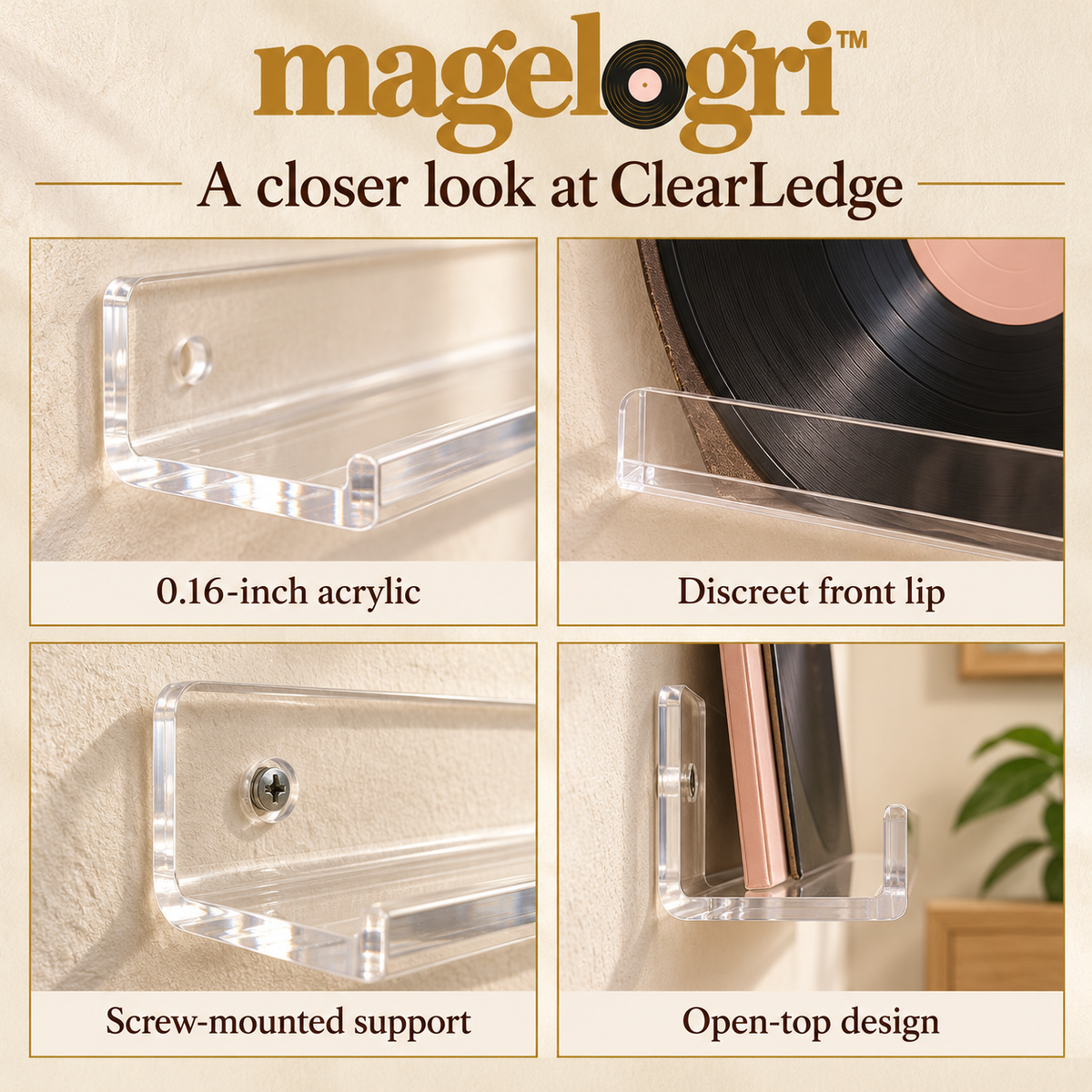 magelogri™ ClearLedge Vinyl Record Wall Shelves, Acrylic LP Album Cover Display, Set of 6