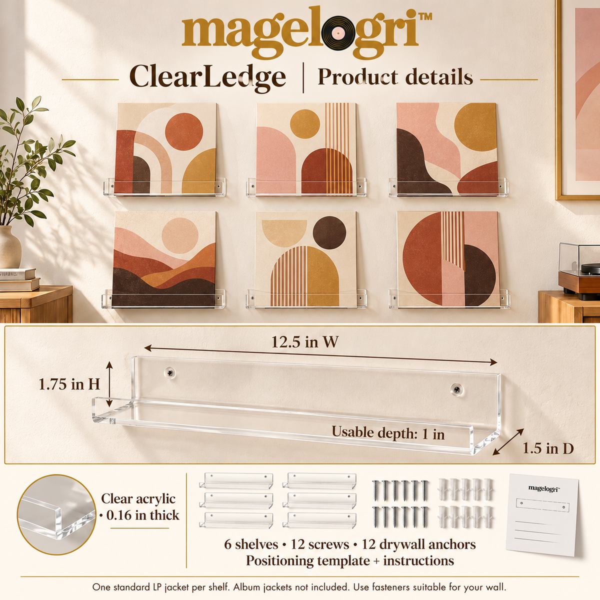 magelogri™ ClearLedge Vinyl Record Wall Shelves, Acrylic LP Album Cover Display, Set of 6