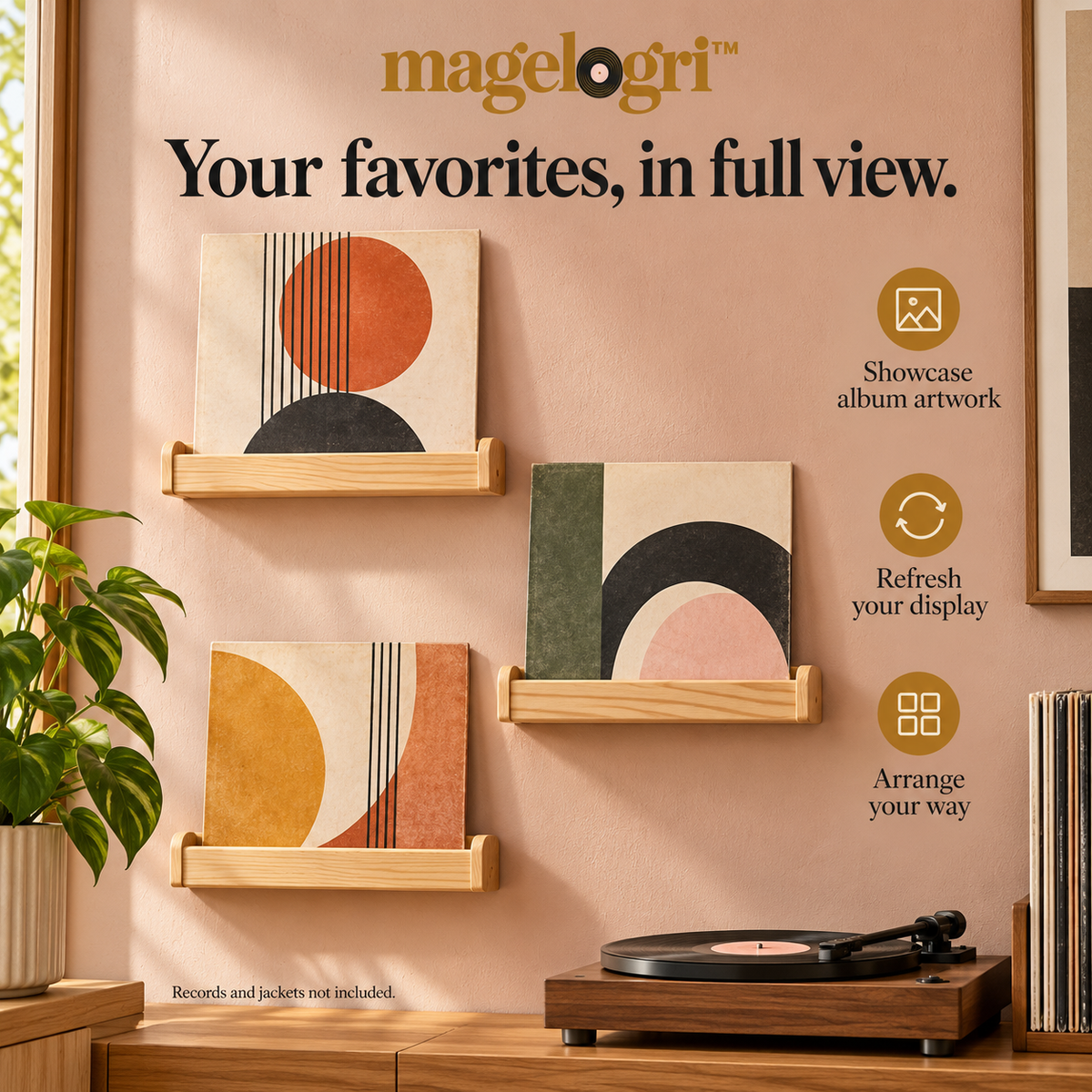 magelogri™ GrainRail Wooden Vinyl Record Wall Ledges, Floating Album Cover Display Shelves, Set of 3