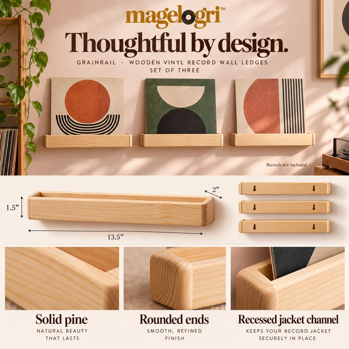 magelogri™ GrainRail Wooden Vinyl Record Wall Ledges, Floating Album Cover Display Shelves, Set of 3