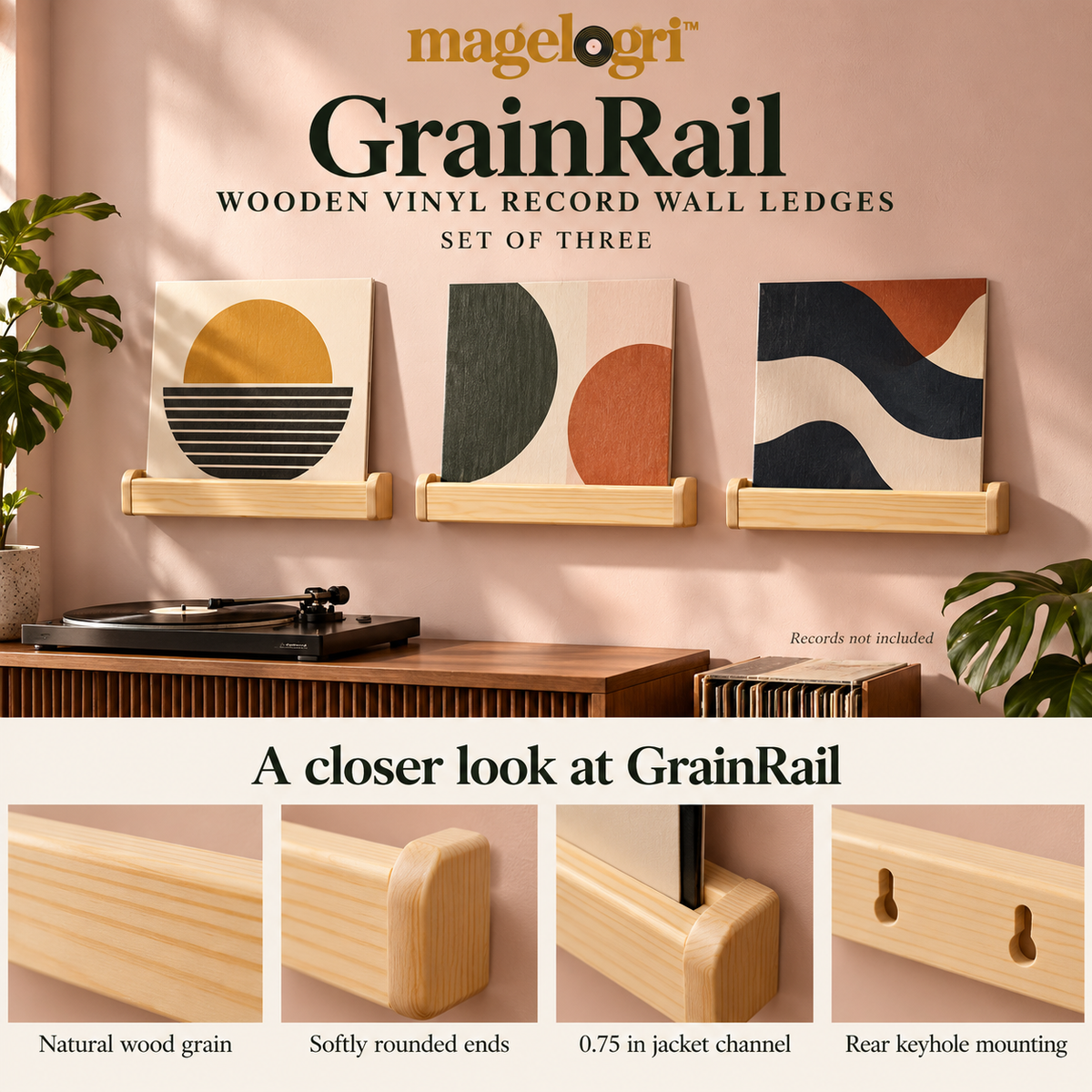 magelogri™ GrainRail Wooden Vinyl Record Wall Ledges, Floating Album Cover Display Shelves, Set of 3
