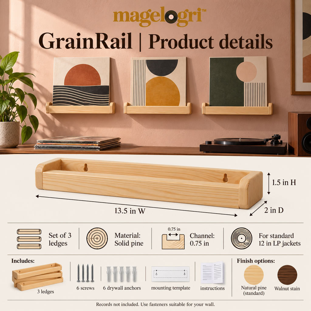 magelogri™ GrainRail Wooden Vinyl Record Wall Ledges, Floating Album Cover Display Shelves, Set of 3