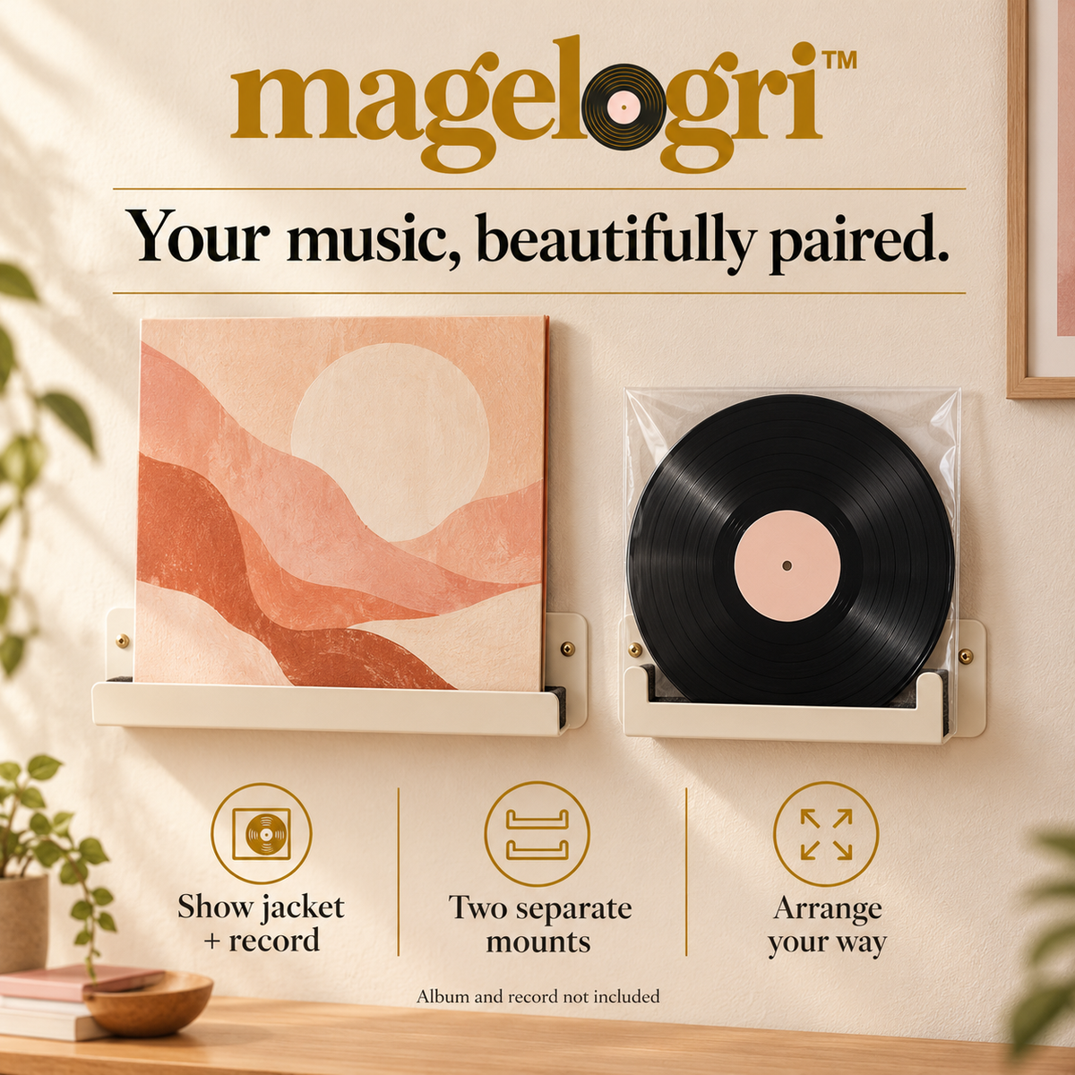 magelogri™ TwinView Vinyl Record and Album Cover Wall Display, Two-Piece LP Gallery Mount