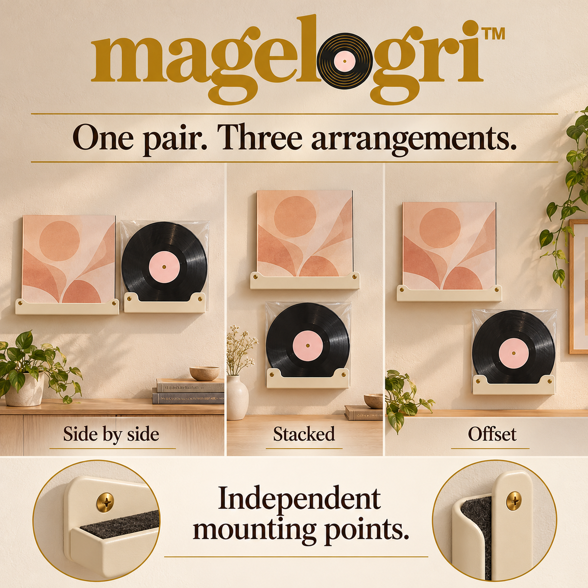 magelogri™ TwinView Vinyl Record and Album Cover Wall Display, Two-Piece LP Gallery Mount