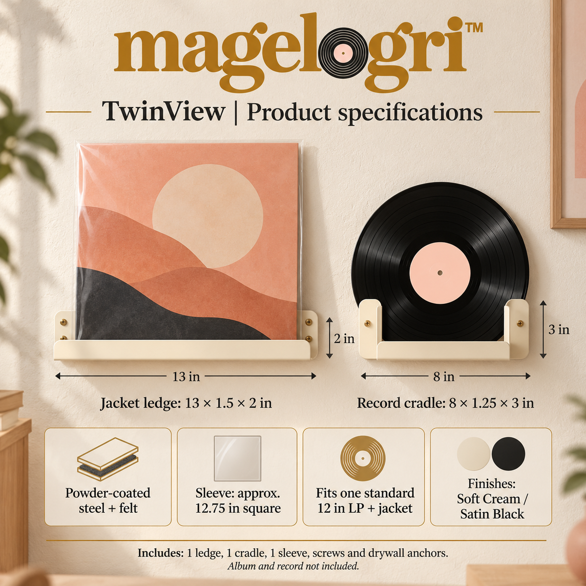 magelogri™ TwinView Vinyl Record and Album Cover Wall Display, Two-Piece LP Gallery Mount