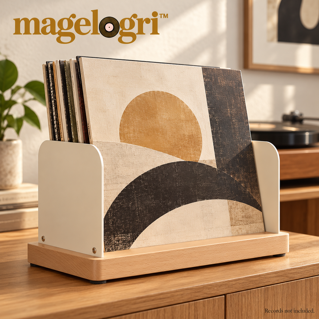 magelogri™ BrowseBar Wood and Metal Vinyl Record Storage Rack, Tabletop LP Album Organizer