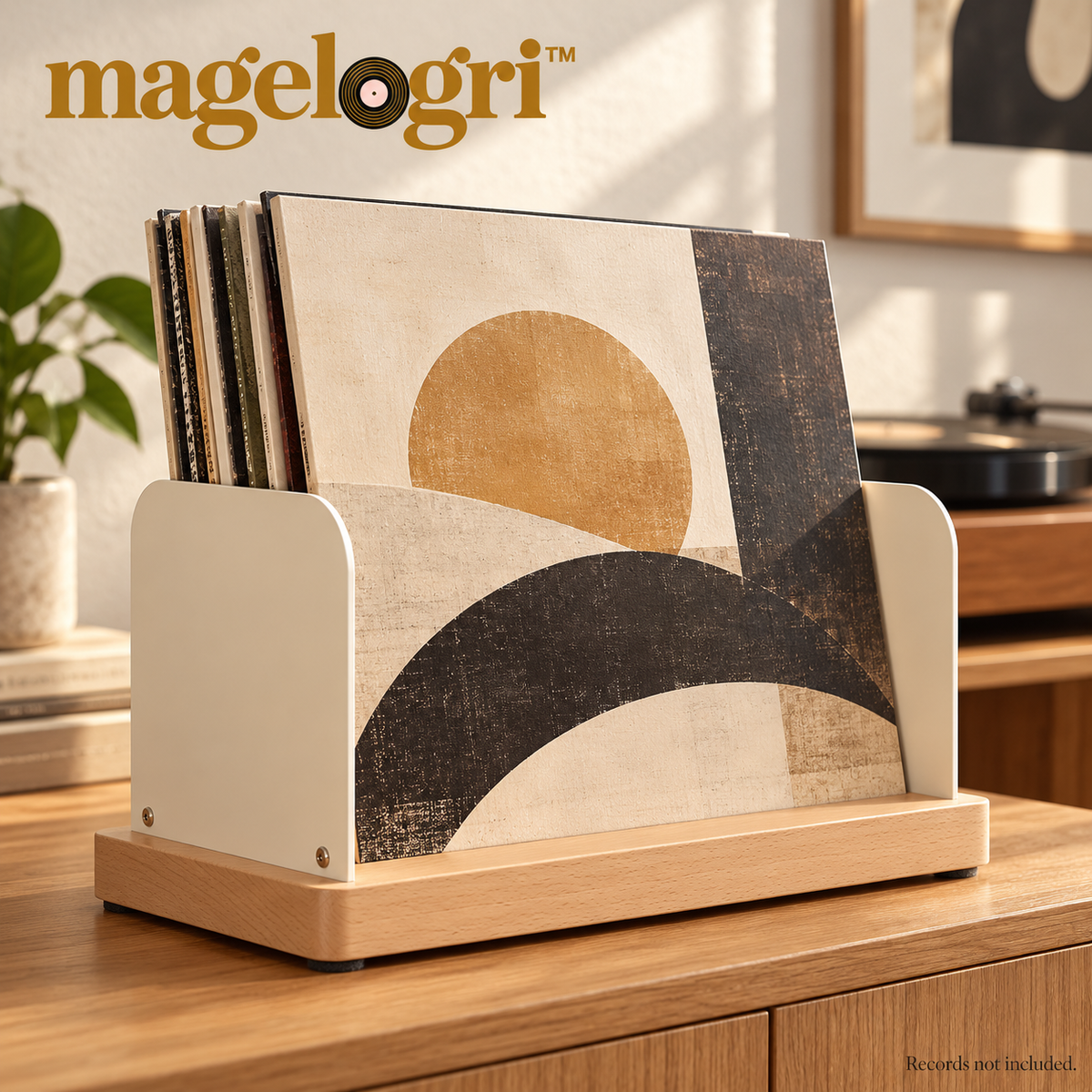 magelogri™ BrowseBar Wood and Metal Vinyl Record Storage Rack, Tabletop LP Album Organizer