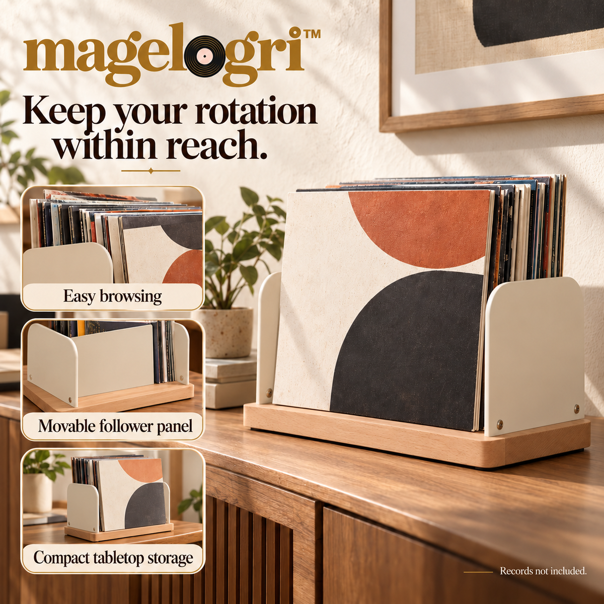 magelogri™ BrowseBar Wood and Metal Vinyl Record Storage Rack, Tabletop LP Album Organizer