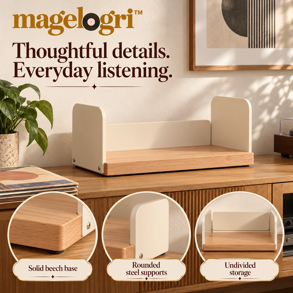 magelogri™ BrowseBar Wood and Metal Vinyl Record Storage Rack, Tabletop LP Album Organizer