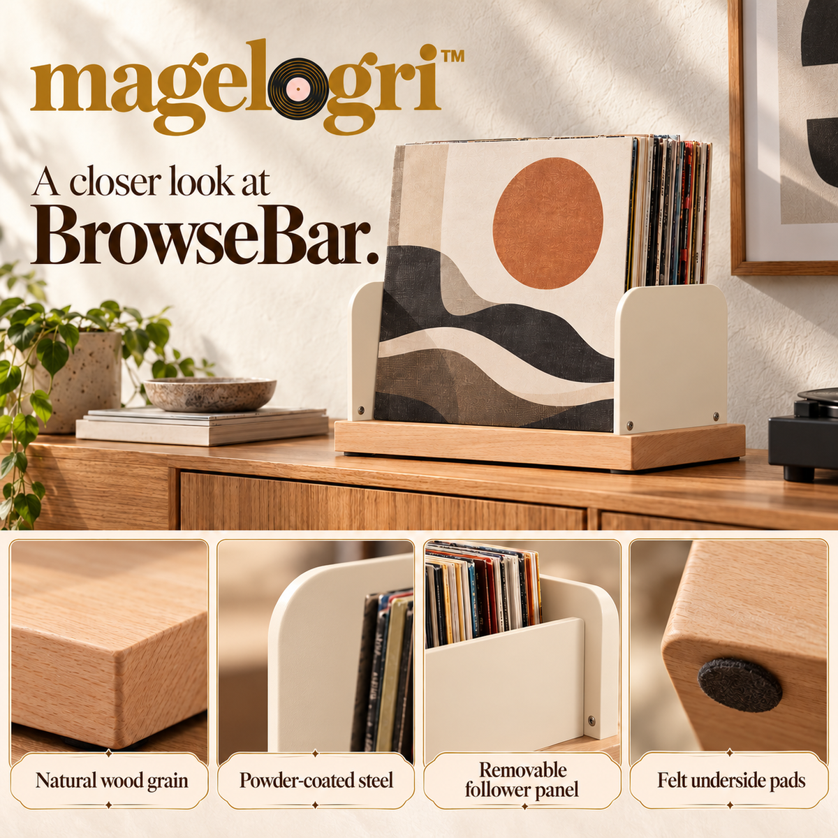 magelogri™ BrowseBar Wood and Metal Vinyl Record Storage Rack, Tabletop LP Album Organizer