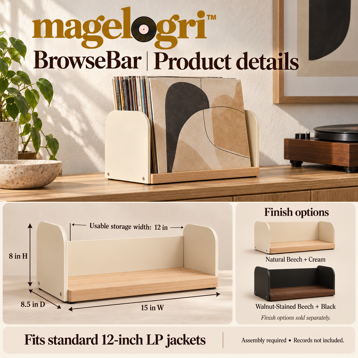 magelogri™ BrowseBar Wood and Metal Vinyl Record Storage Rack, Tabletop LP Album Organizer