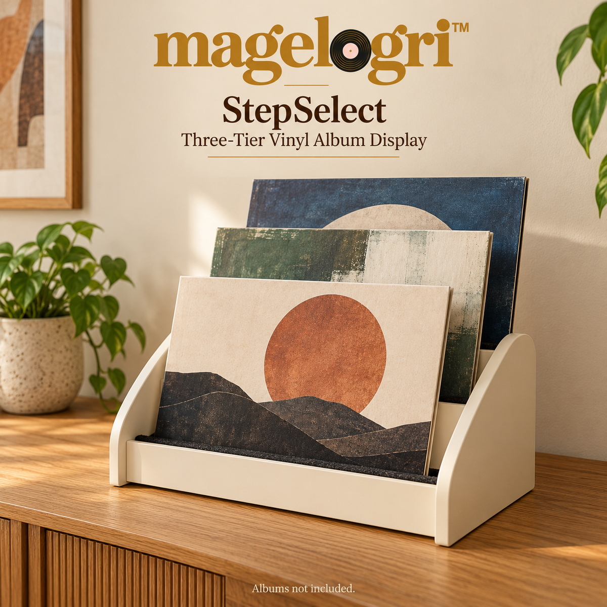 magelogri™ StepSelect Three-Tier Vinyl Album Display Rack, Tabletop LP Cover Organizer
