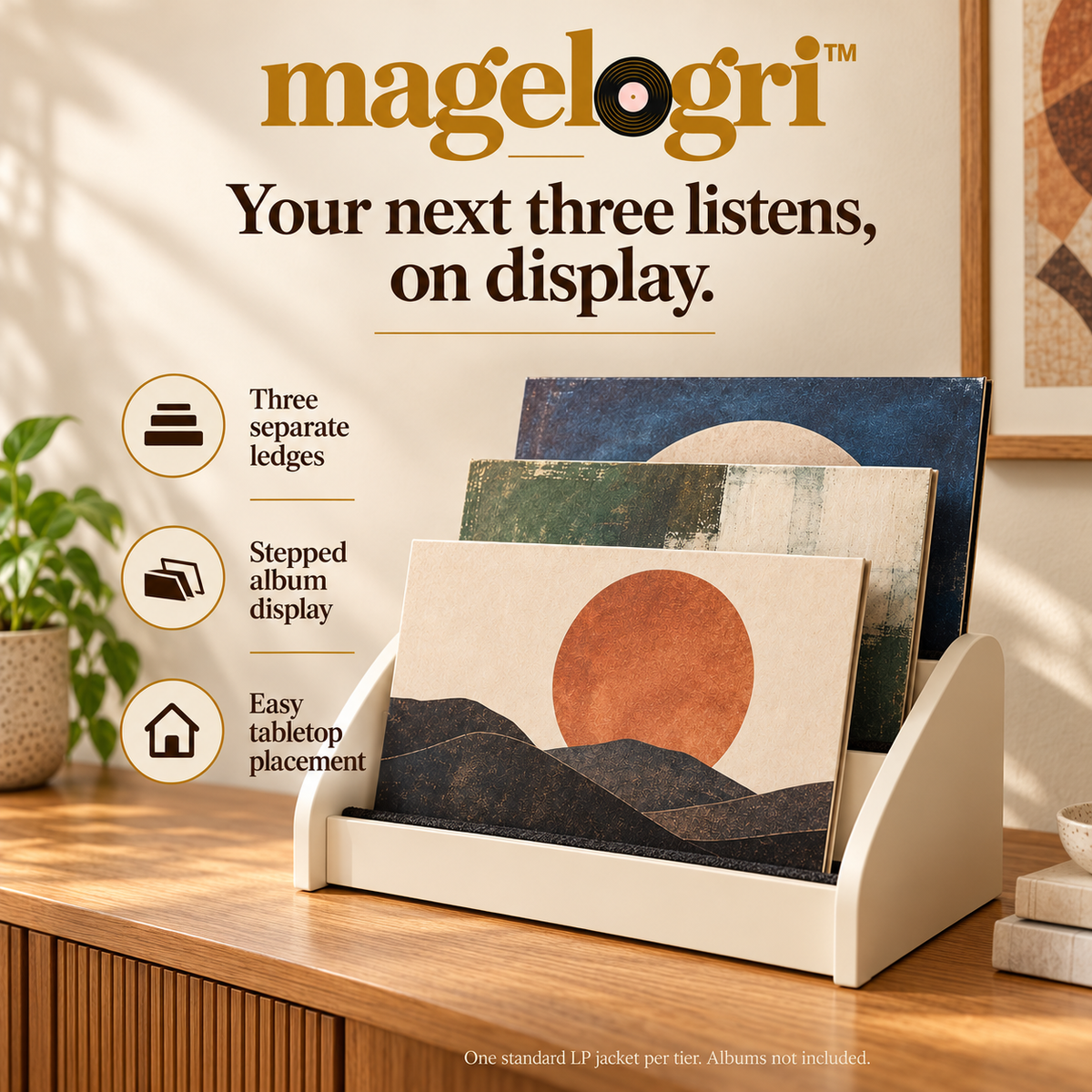 magelogri™ StepSelect Three-Tier Vinyl Album Display Rack, Tabletop LP Cover Organizer