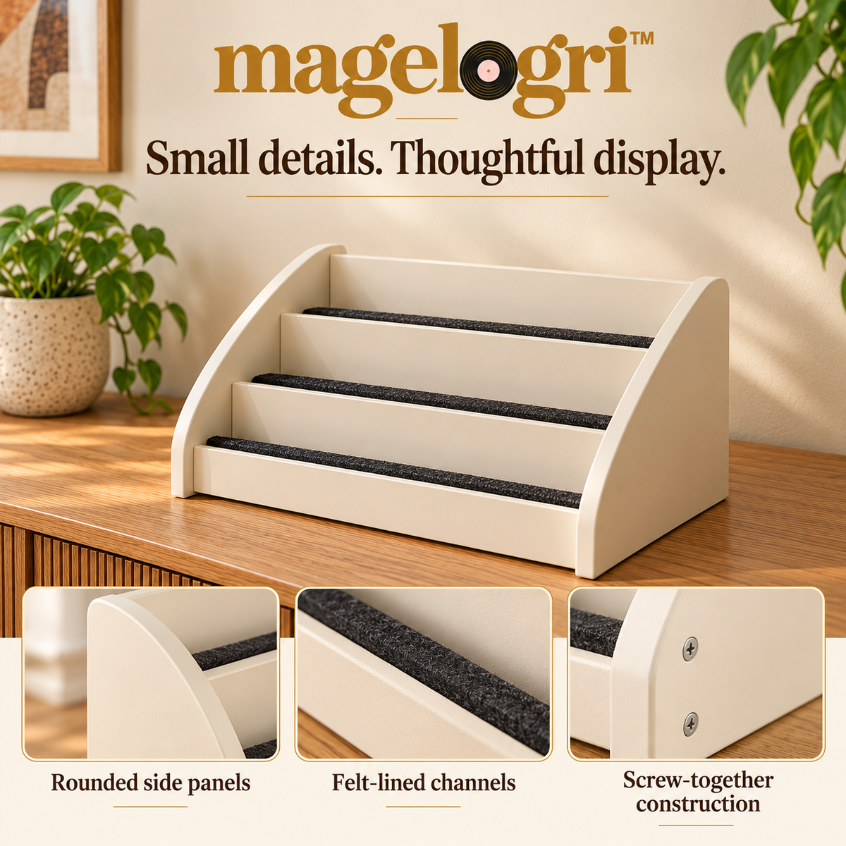 magelogri™ StepSelect Three-Tier Vinyl Album Display Rack, Tabletop LP Cover Organizer