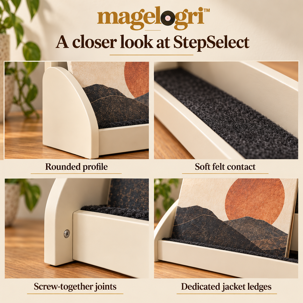 magelogri™ StepSelect Three-Tier Vinyl Album Display Rack, Tabletop LP Cover Organizer