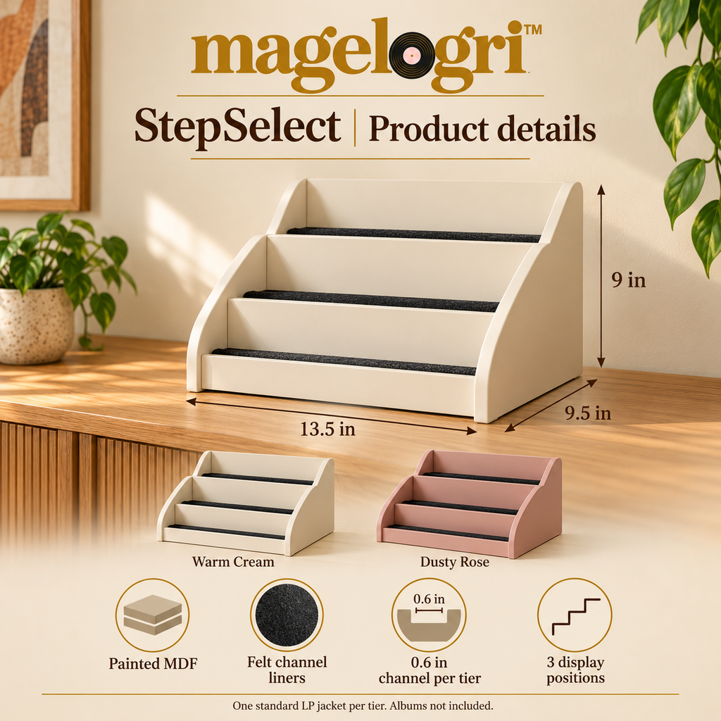magelogri™ StepSelect Three-Tier Vinyl Album Display Rack, Tabletop LP Cover Organizer