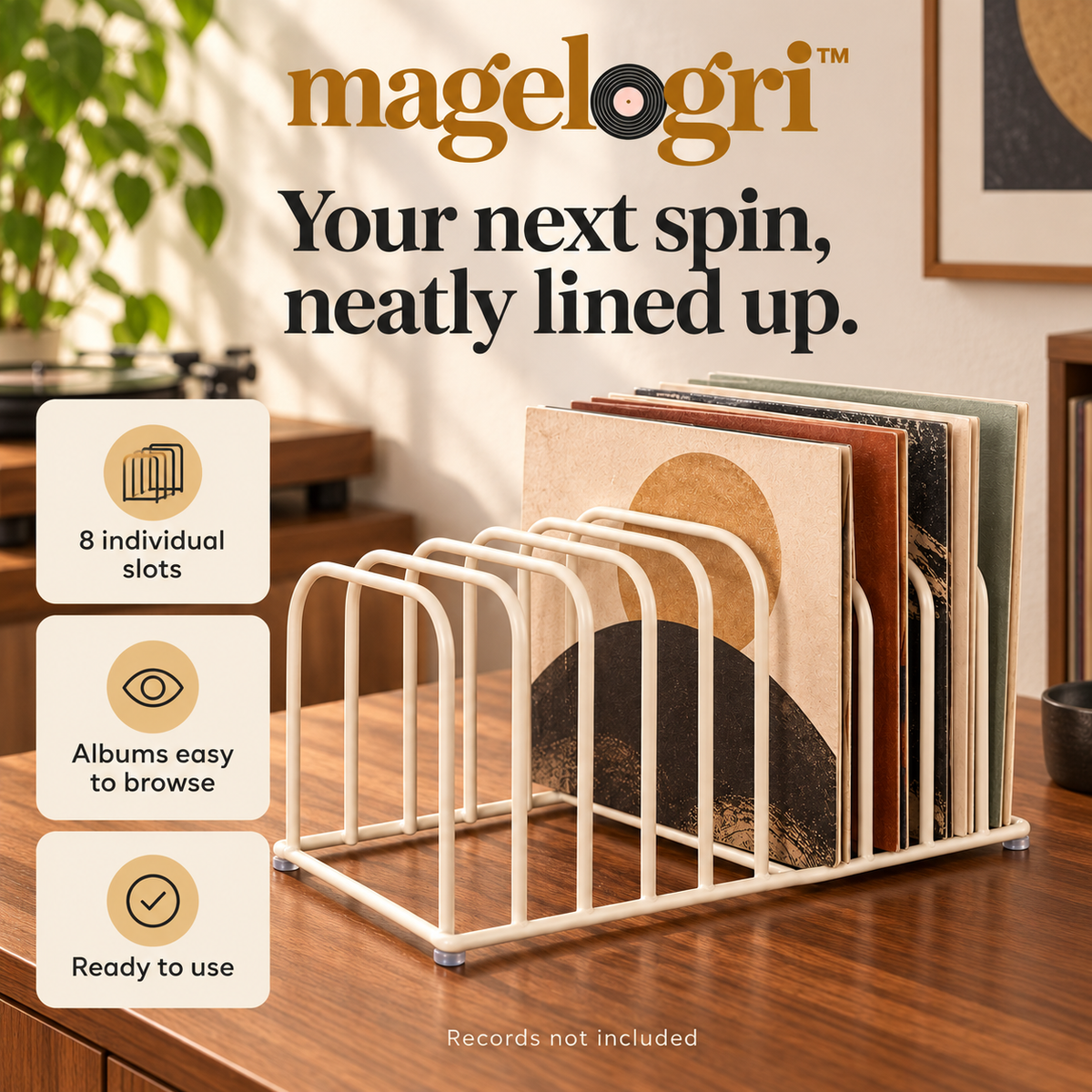 magelogri™ LoopFile Metal Vinyl Record Rack, 8-Slot Tabletop LP Album Holder
