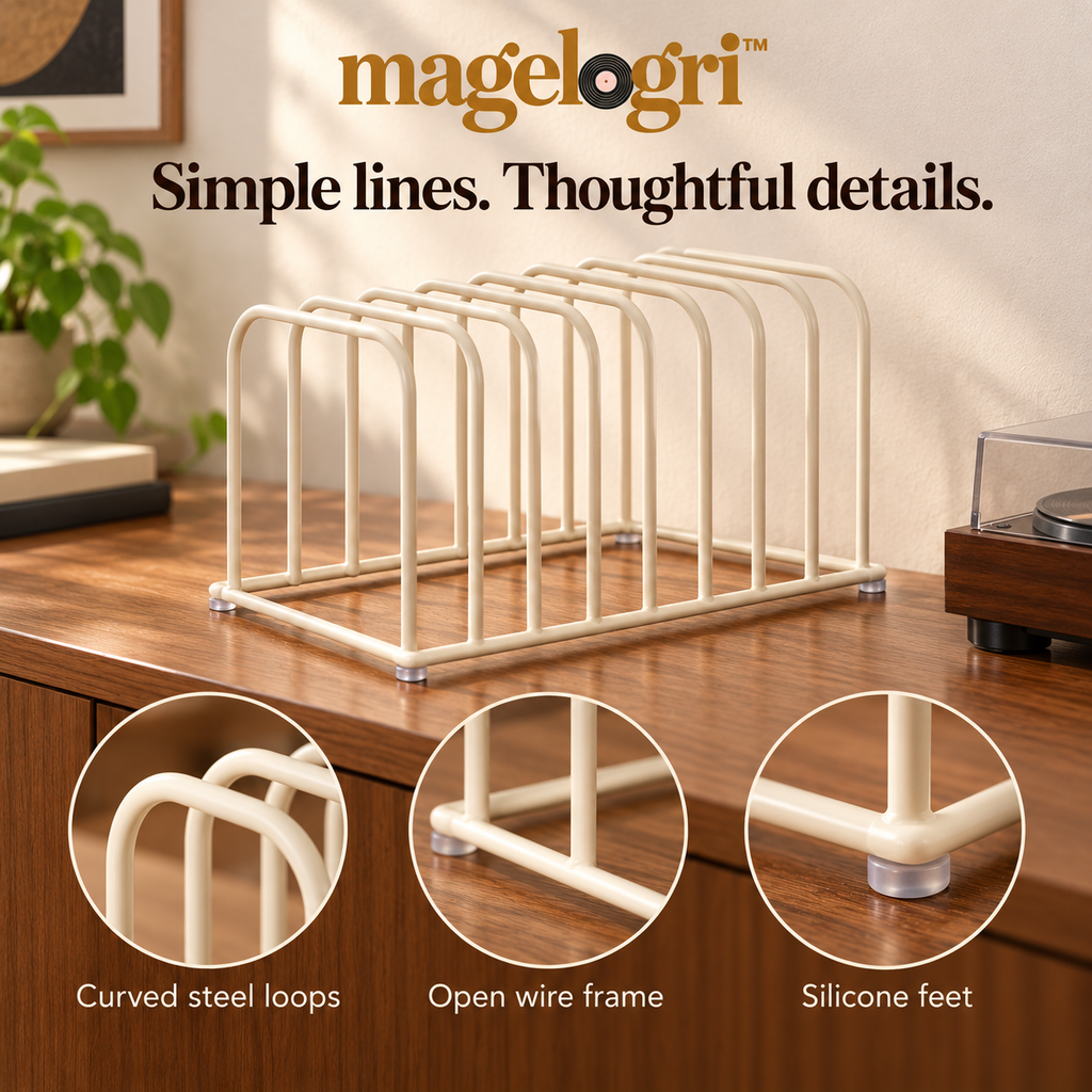 magelogri™ LoopFile Metal Vinyl Record Rack, 8-Slot Tabletop LP Album Holder