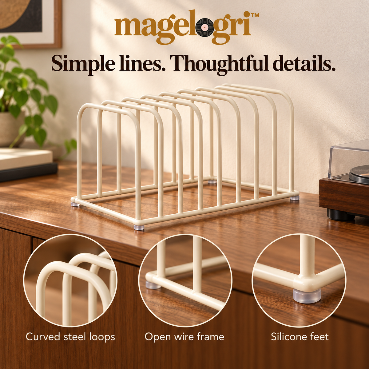magelogri™ LoopFile Metal Vinyl Record Rack, 8-Slot Tabletop LP Album Holder