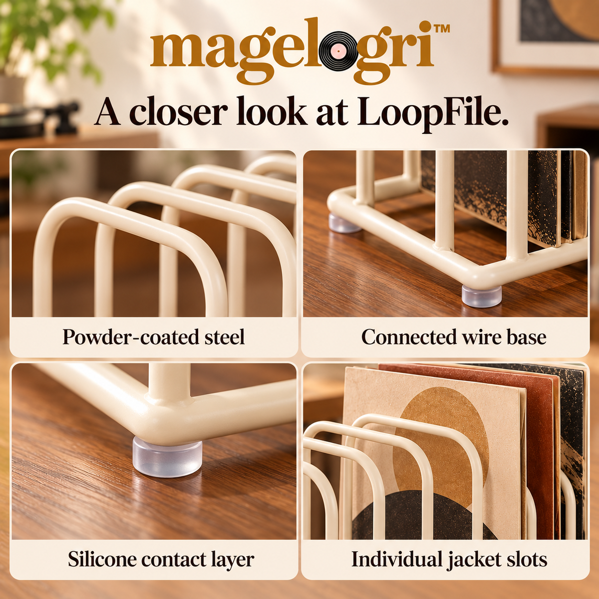 magelogri™ LoopFile Metal Vinyl Record Rack, 8-Slot Tabletop LP Album Holder