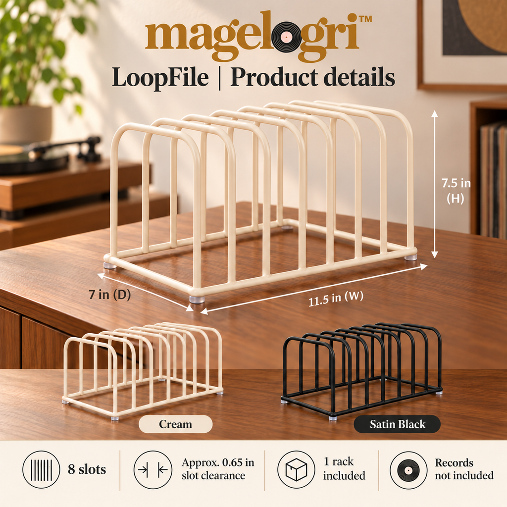 magelogri™ LoopFile Metal Vinyl Record Rack, 8-Slot Tabletop LP Album Holder