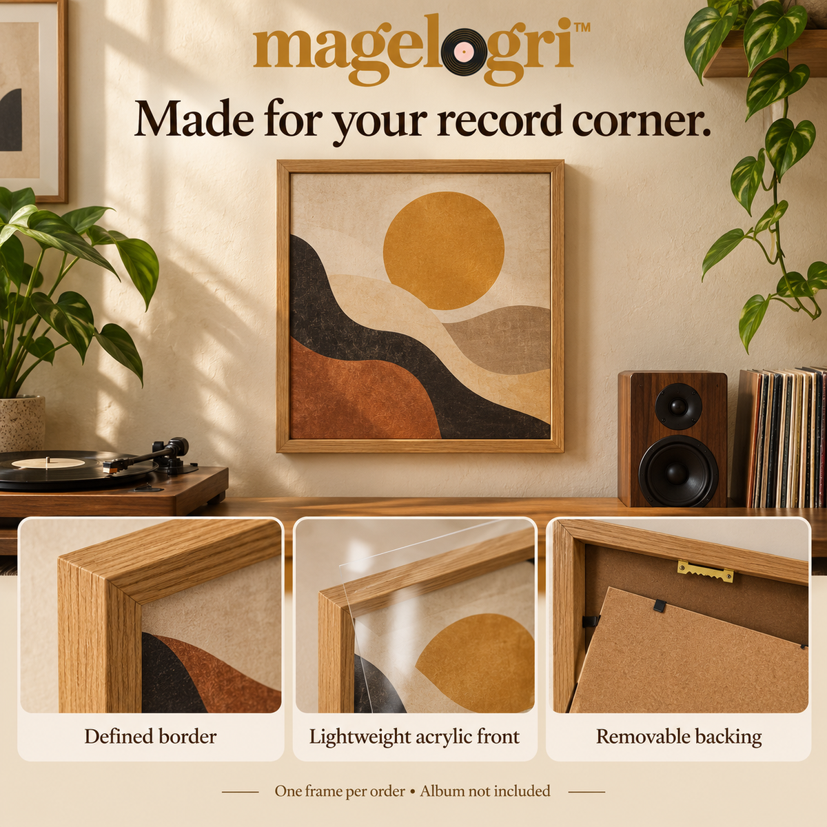 magelogri™ SquareNote LP Album Cover Frame, 12.5-Inch Vinyl Jacket Wall Display