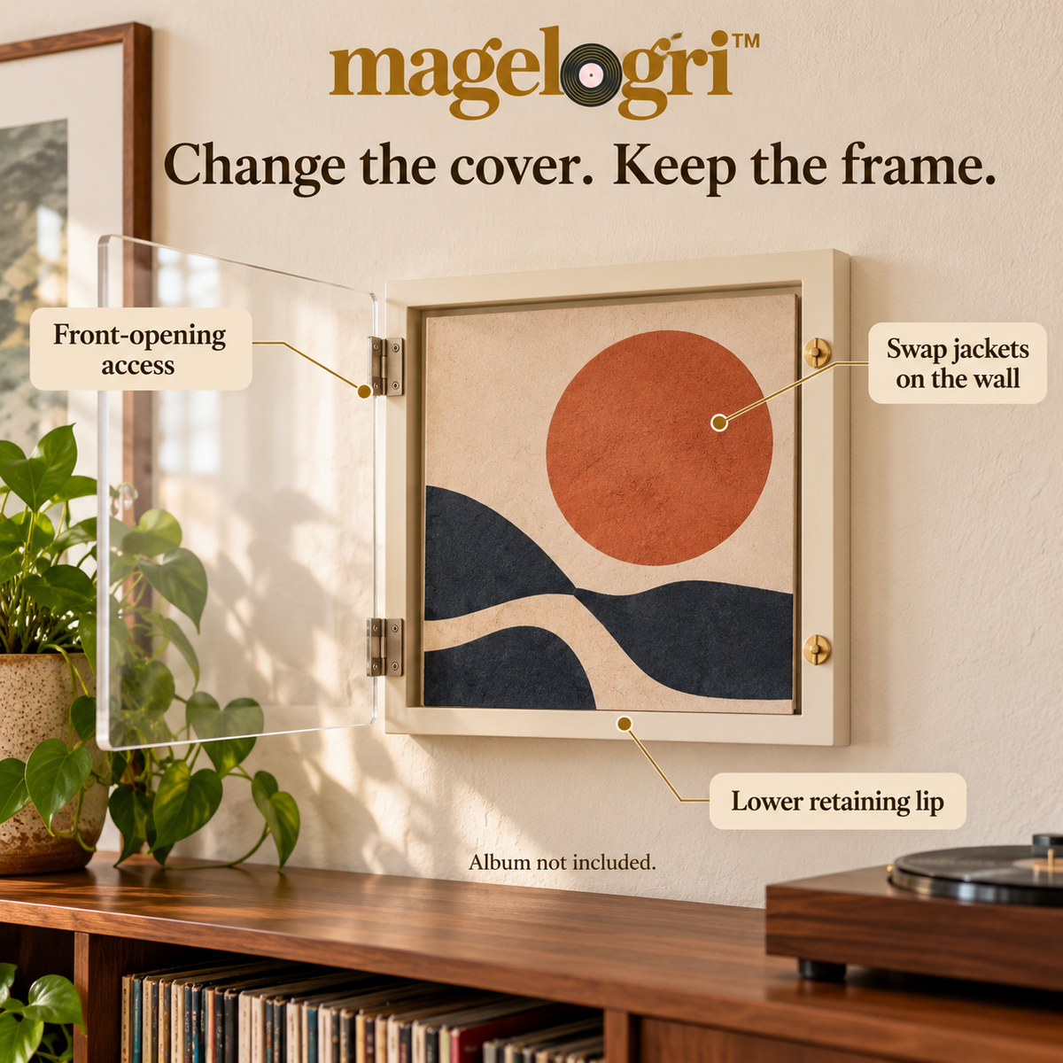 magelogri™ FrontFlip Vinyl Record Album Frame, Front-Opening LP Cover Wall Display
