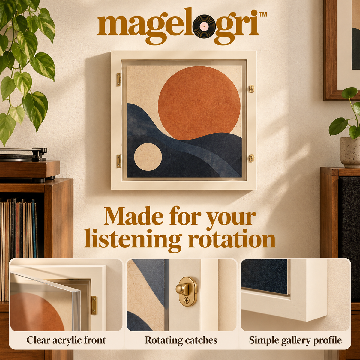 magelogri™ FrontFlip Vinyl Record Album Frame, Front-Opening LP Cover Wall Display