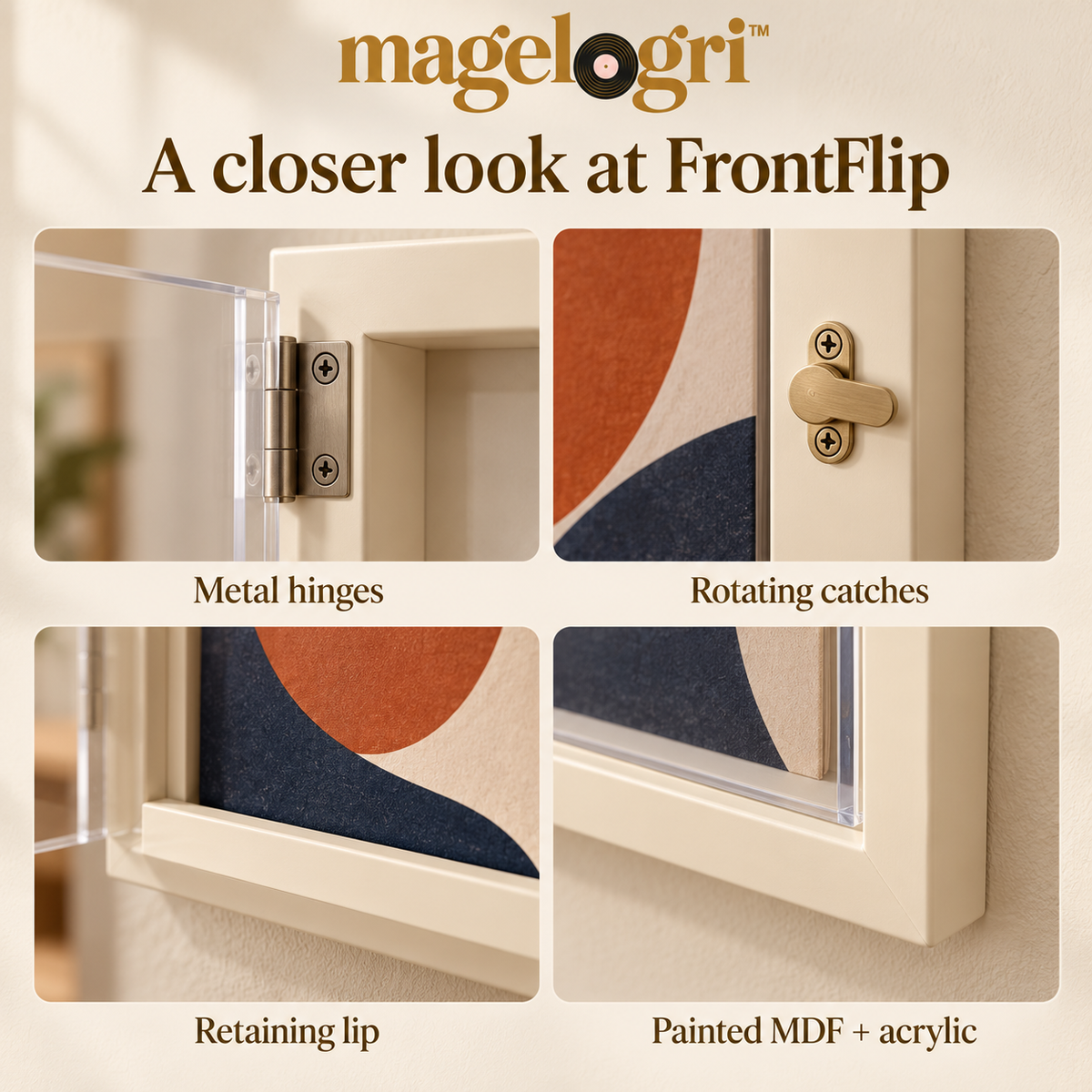 magelogri™ FrontFlip Vinyl Record Album Frame, Front-Opening LP Cover Wall Display
