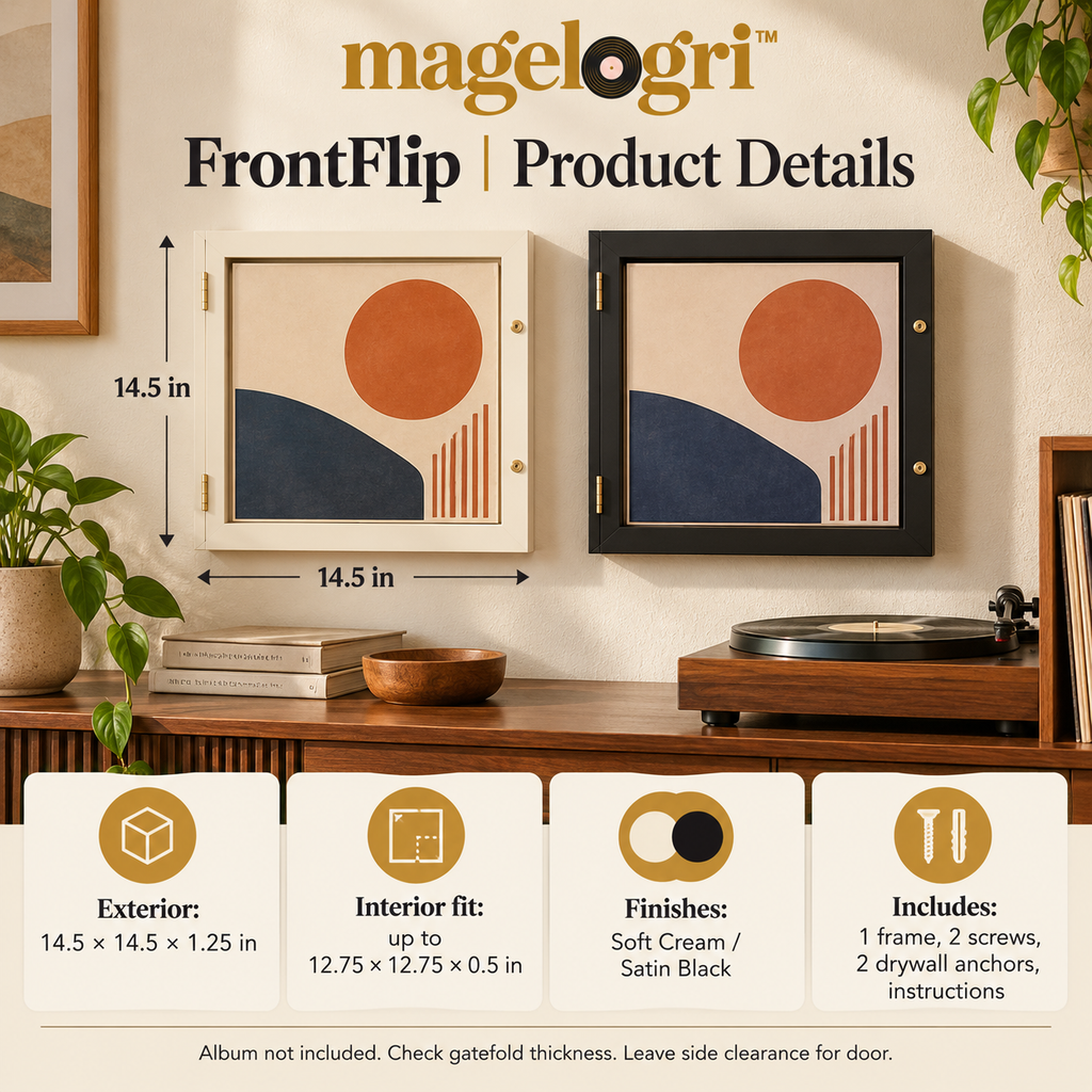 magelogri™ FrontFlip Vinyl Record Album Frame, Front-Opening LP Cover Wall Display