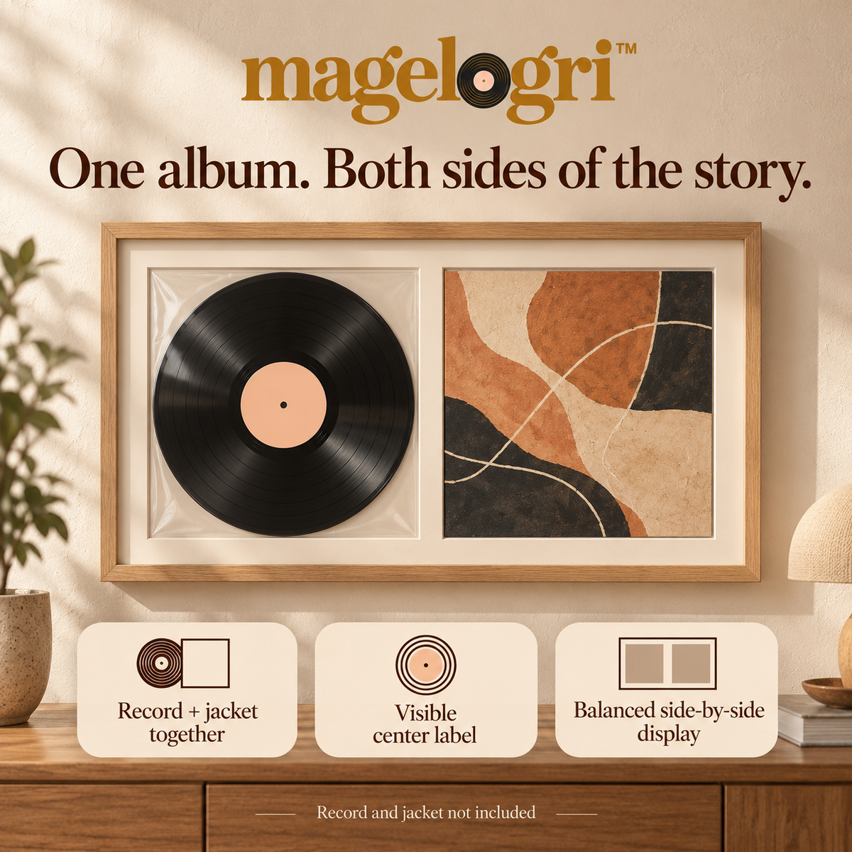 magelogri™ DoubleTake Vinyl Record and Album Cover Frame, Side-by-Side LP Wall Display