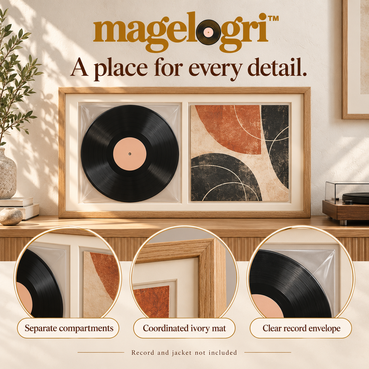 magelogri™ DoubleTake Vinyl Record and Album Cover Frame, Side-by-Side LP Wall Display
