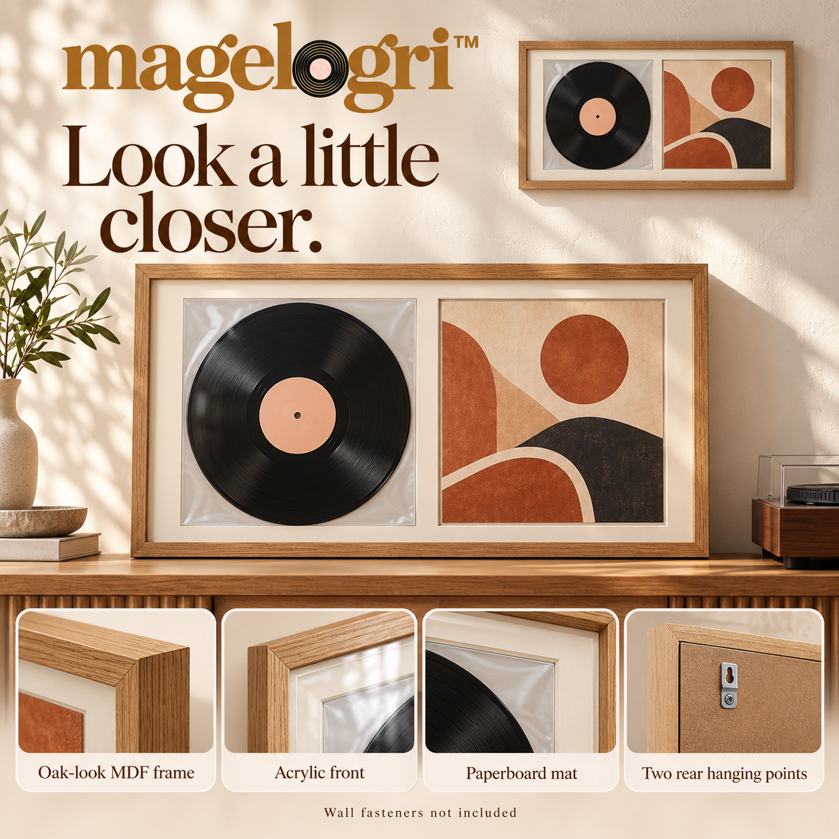 magelogri™ DoubleTake Vinyl Record and Album Cover Frame, Side-by-Side LP Wall Display