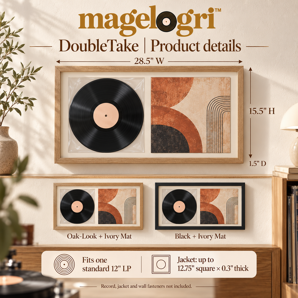 magelogri™ DoubleTake Vinyl Record and Album Cover Frame, Side-by-Side LP Wall Display