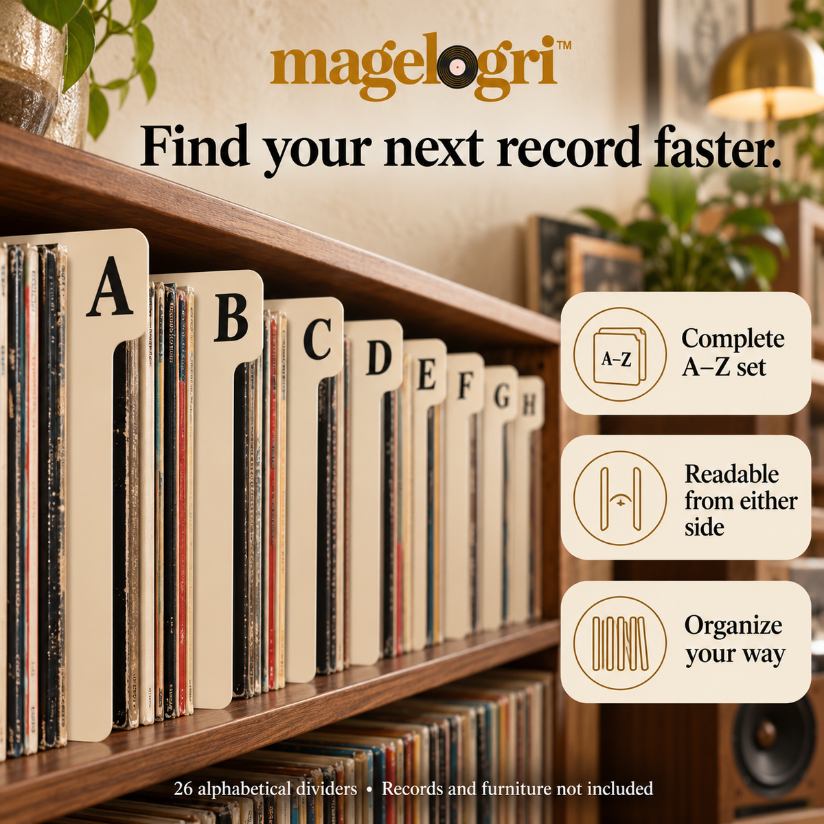 magelogri™ LetterLane A–Z Vinyl Record Dividers, 26-Piece LP Alphabetical Organizer Set