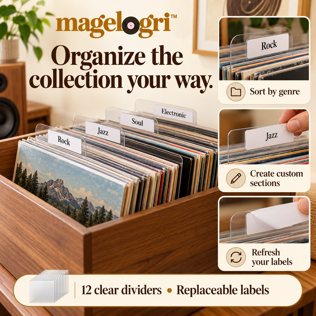 magelogri™ GenreTabs Vinyl Record Dividers, 12-Piece Customizable LP Collection Organizer