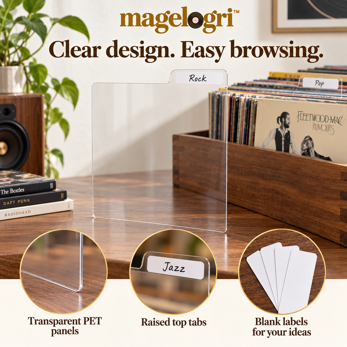 magelogri™ GenreTabs Vinyl Record Dividers, 12-Piece Customizable LP Collection Organizer