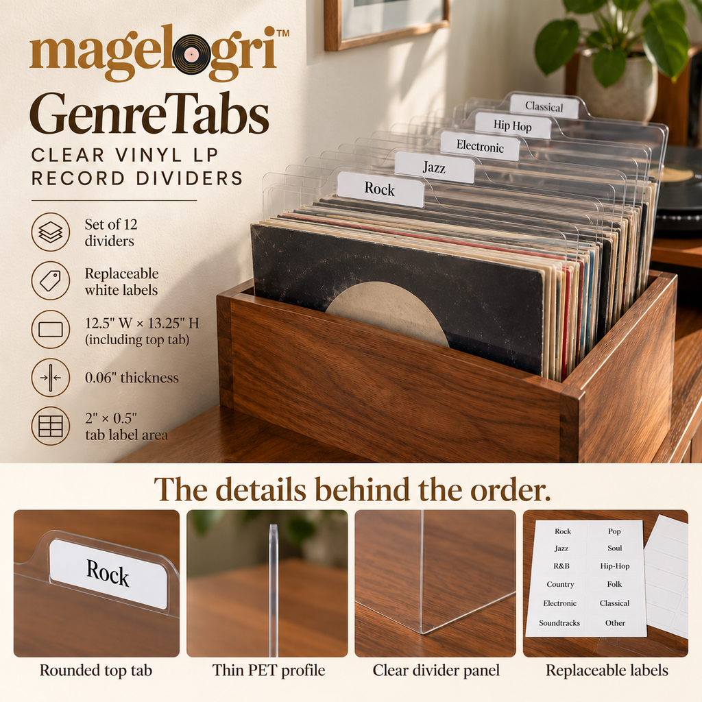 magelogri™ GenreTabs Vinyl Record Dividers, 12-Piece Customizable LP Collection Organizer
