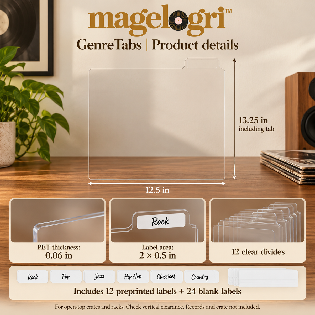 magelogri™ GenreTabs Vinyl Record Dividers, 12-Piece Customizable LP Collection Organizer
