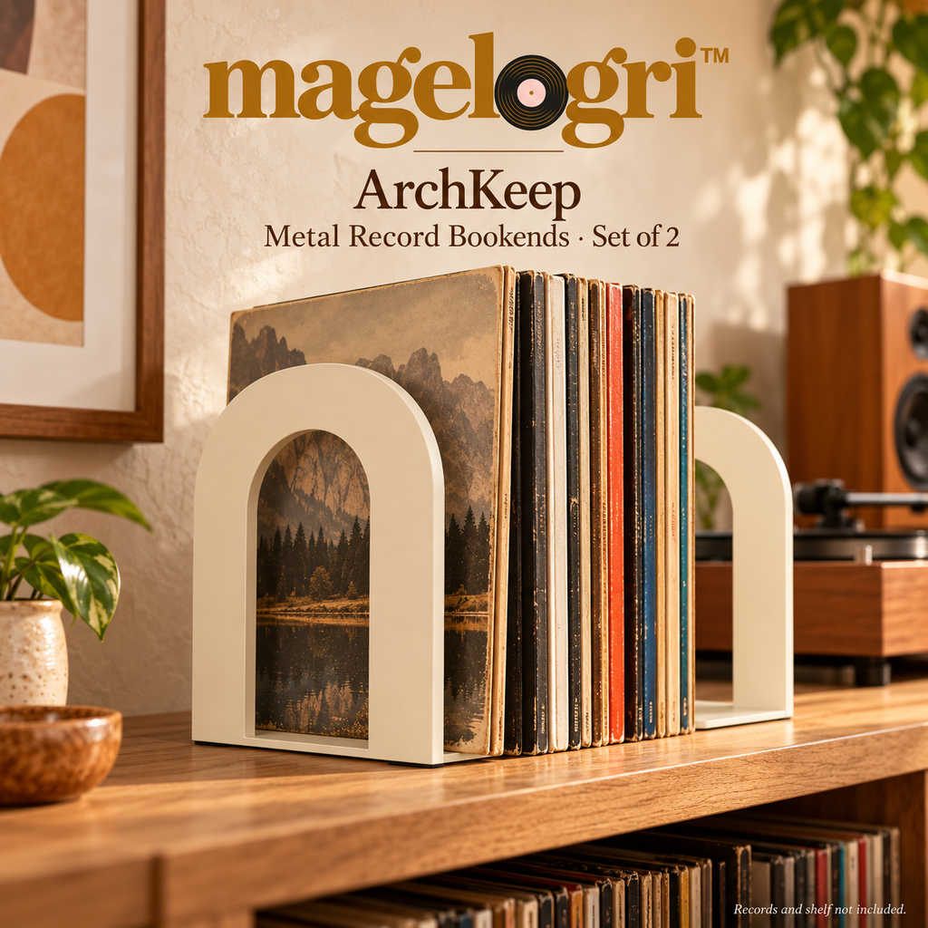 magelogri™ ArchKeep Metal Record Bookends, Decorative LP Shelf Supports, Set of 2