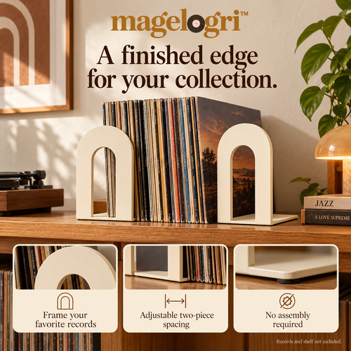 magelogri™ ArchKeep Metal Record Bookends, Decorative LP Shelf Supports, Set of 2