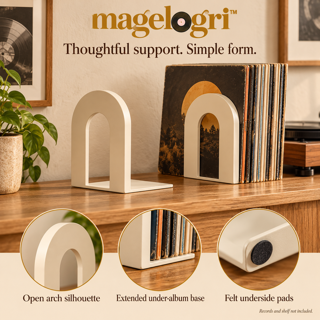 magelogri™ ArchKeep Metal Record Bookends, Decorative LP Shelf Supports, Set of 2